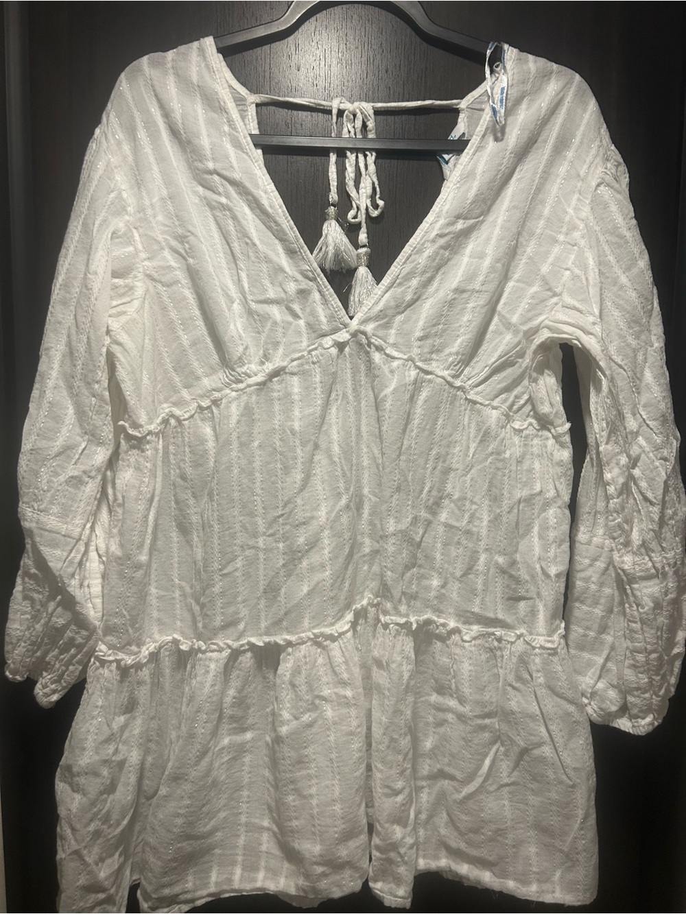 blue island White V-Neck Tassel Peasant Tunic